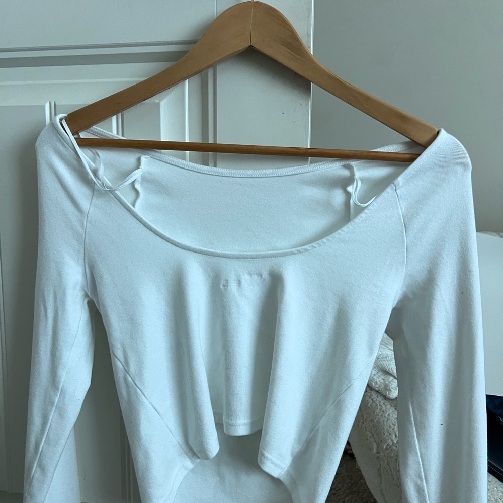 Aerie White Fitted Crop Off the Shoulder Blouse Long Sleeve
